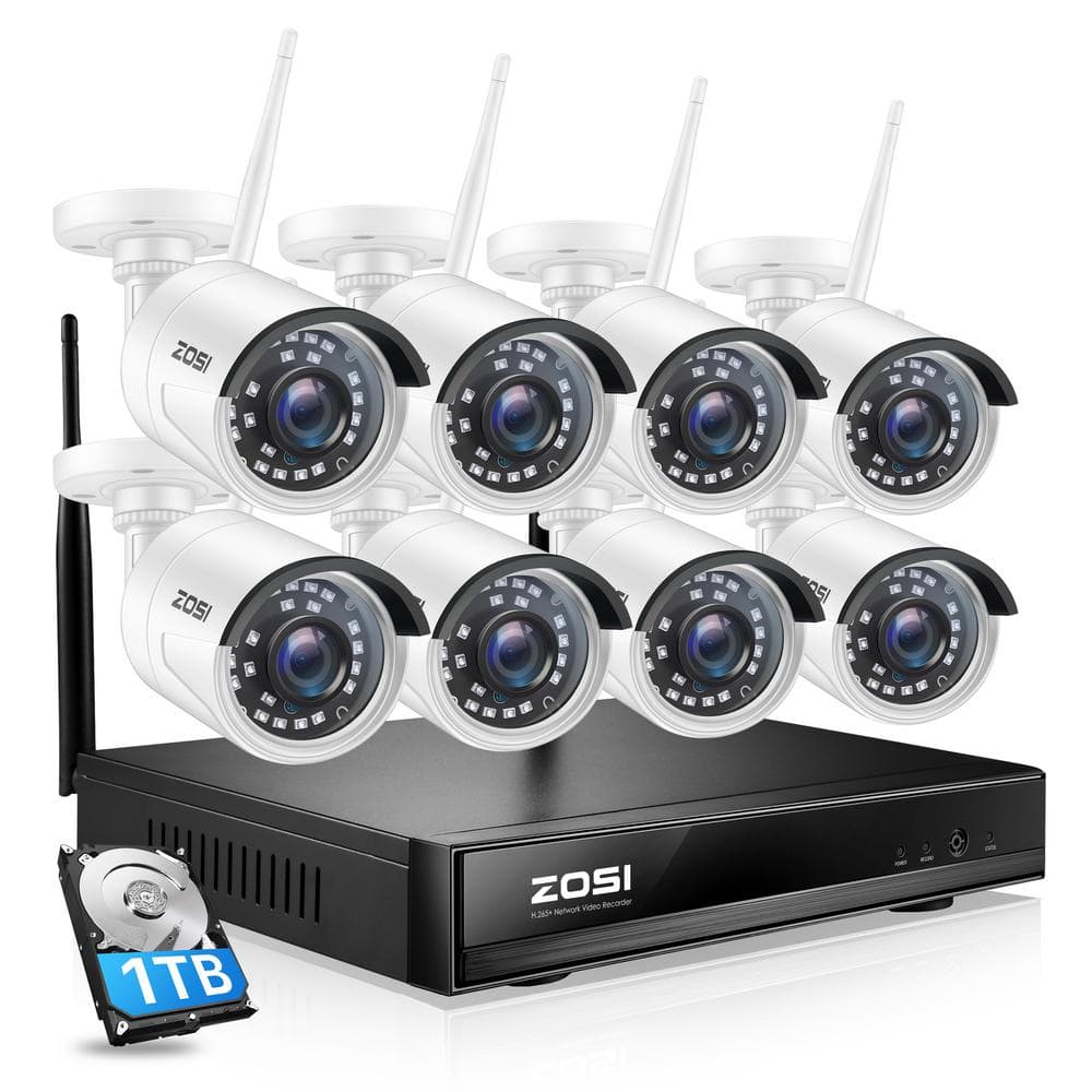 ZOSI H.265+ 8-Channel 3MP 2K 1TB NVR Security Camera System with 8 Wireless Outdoor Bullet Cameras, White -  ZSWNVK-J83081-W