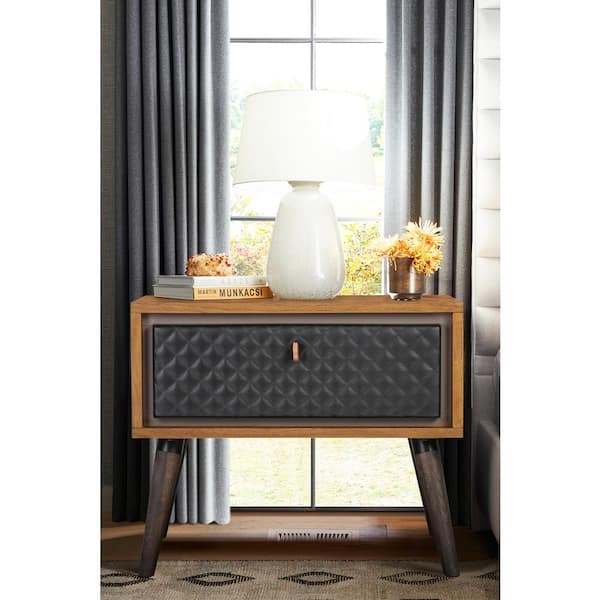 Armen Living Coco 20 in. H Rustic Single Drawer Balsamico Oak Wood and Black Leather Nightstand