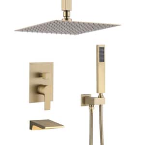 Ceiling Mount 10in. Single Handle 1-Spray Tub and Shower Faucet 1.8GPM with Shower Head in Brushed Gold(Valve Included)