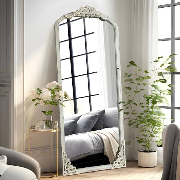 Lirago Rustic Arched 21 in. W x 64 in. H Solid Wood Framed DIY Carved Full Length Mirror in Weathered White