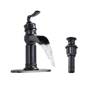 Single Handle Single Hole Mid-Arc Waterfall Bathroom Sink Faucet with Deckplate Pop-Up Drain in Oil Rubbed Bronze