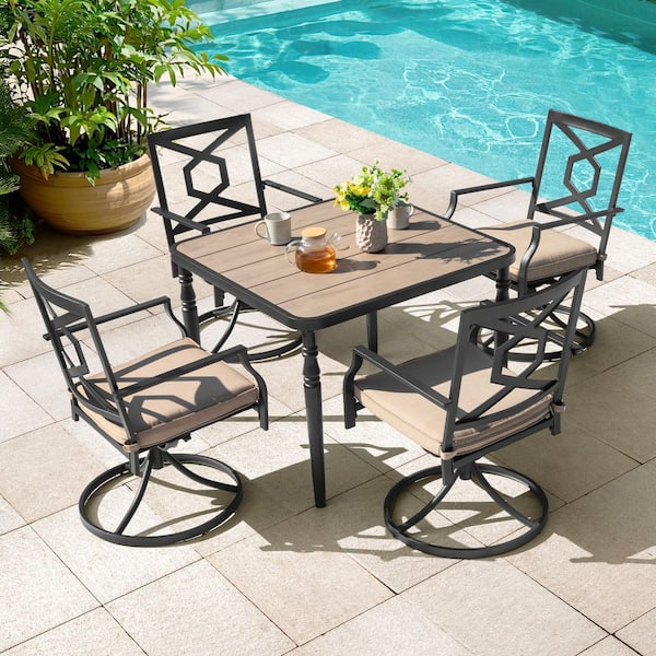 Black 5-Piece Metal Textilene Square Outdoor Dining Set with Beige Cushions and Umbrella Hole, Swivel Design