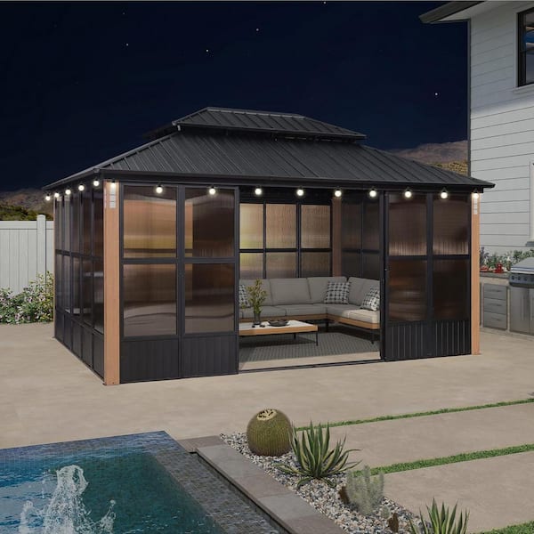 PURPLE LEAF 12ft. x 16ft. Patio Hardtop Gazebo Double Top PC Mesh Screen House Aluminum Solarium Backyard Sunroom, 24 Lights, Brown