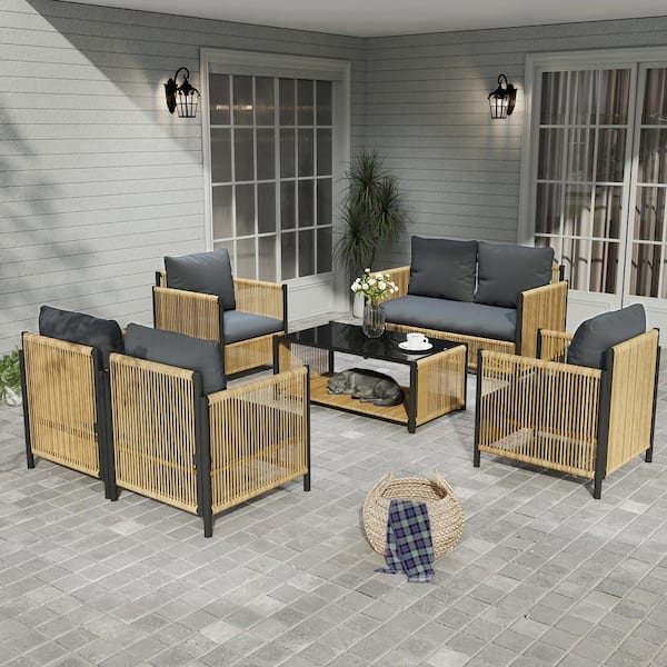 Black and Brown Framed 6-Piece Wicker Outdoor Sectional Set with Dark Gray Cushions and Tempered Glass Table
