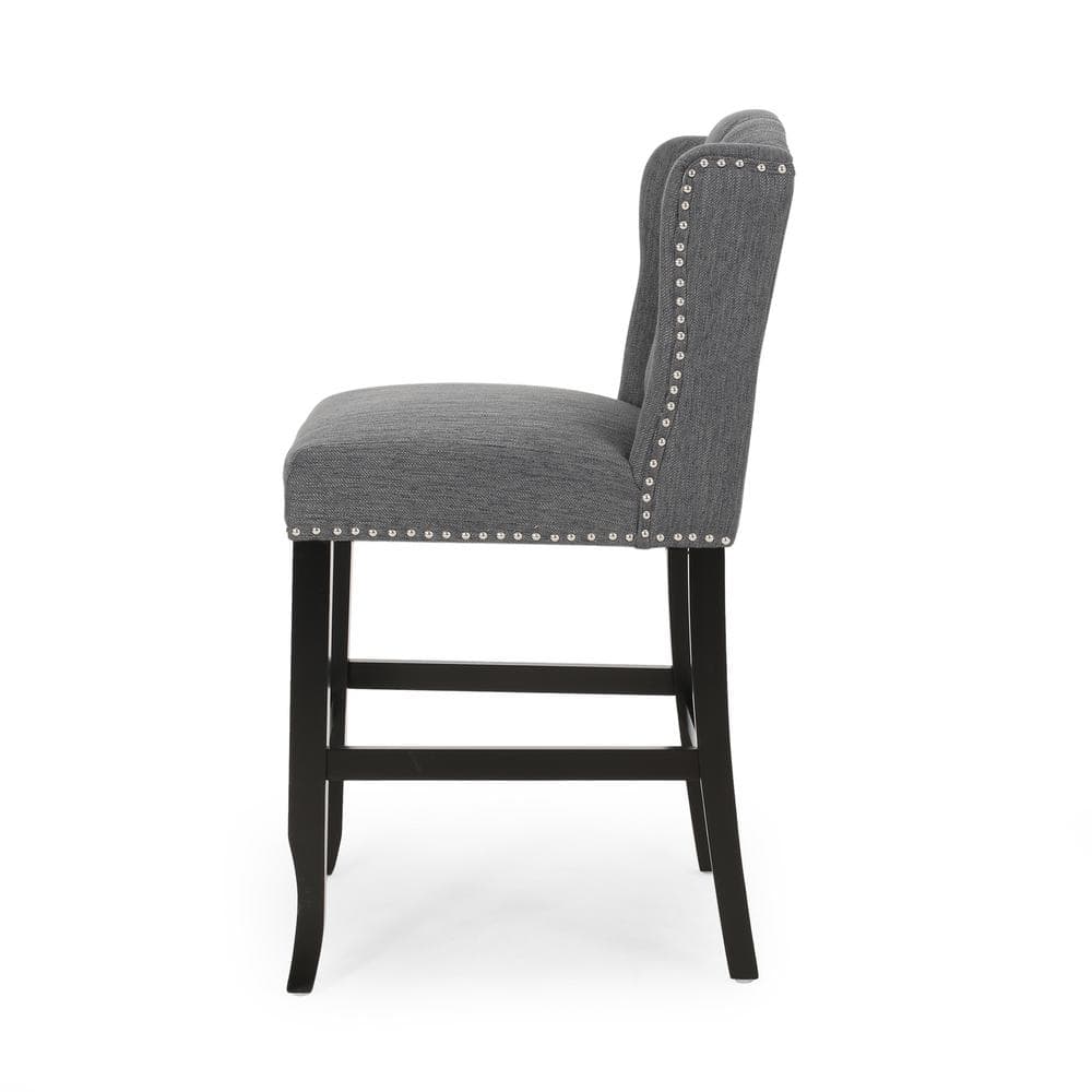 Elegant Charcoal Polyester Wingback Counter Stool Set, Dark Brown Wood