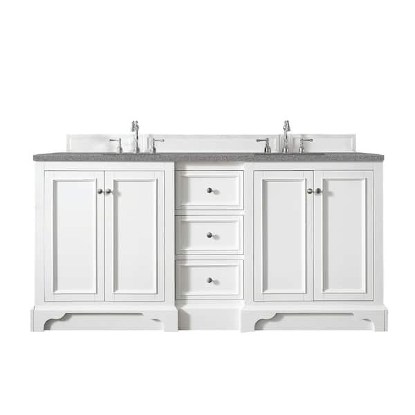 James Martin Vanities De Soto 73.3 in. W x 23.5 in.D x 36.3 in. H Double Vanity in Bright White with Quartz Top in Grey Expo