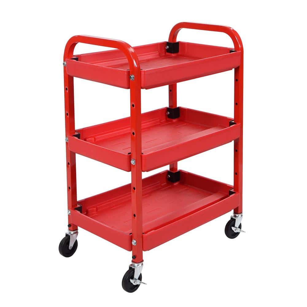 Red Adjustable 3-Shelf Utility Cart with Lockable Wheels