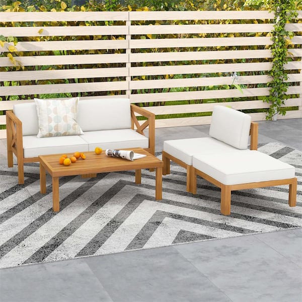Elegant Comfort Natural 5-Piece Wood Patio Conversation Set with Off White Cushions
