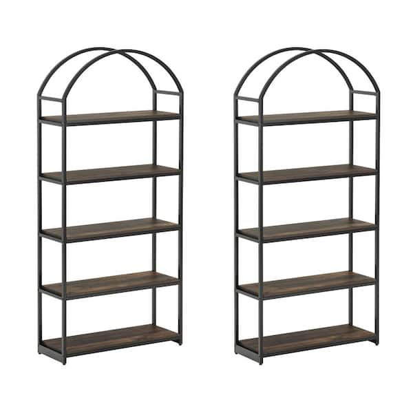 5 Shelf Etagere Arched Bookcase, 72Tall Metal Bookshelf with Wood Shelving, Gold / Black - 2 PC