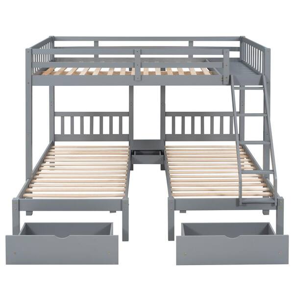 Unbranded Gray Full Over Twin and Twin Triple Bunk Bed with Drawers and Guardrails