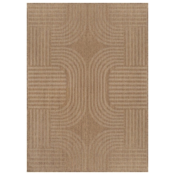 Geometric Border Sand/Natural Easy-Care Jute-Style Indoor/Outdoor Flat Woven 9 ft. x 12 ft. Sand Area Rug