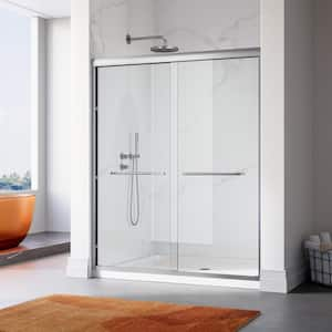 56 in. - 60 in. W x 72 in. H Double Sliding Semi-Frameless Shower Door in Brushed Nickel with Clear Glass