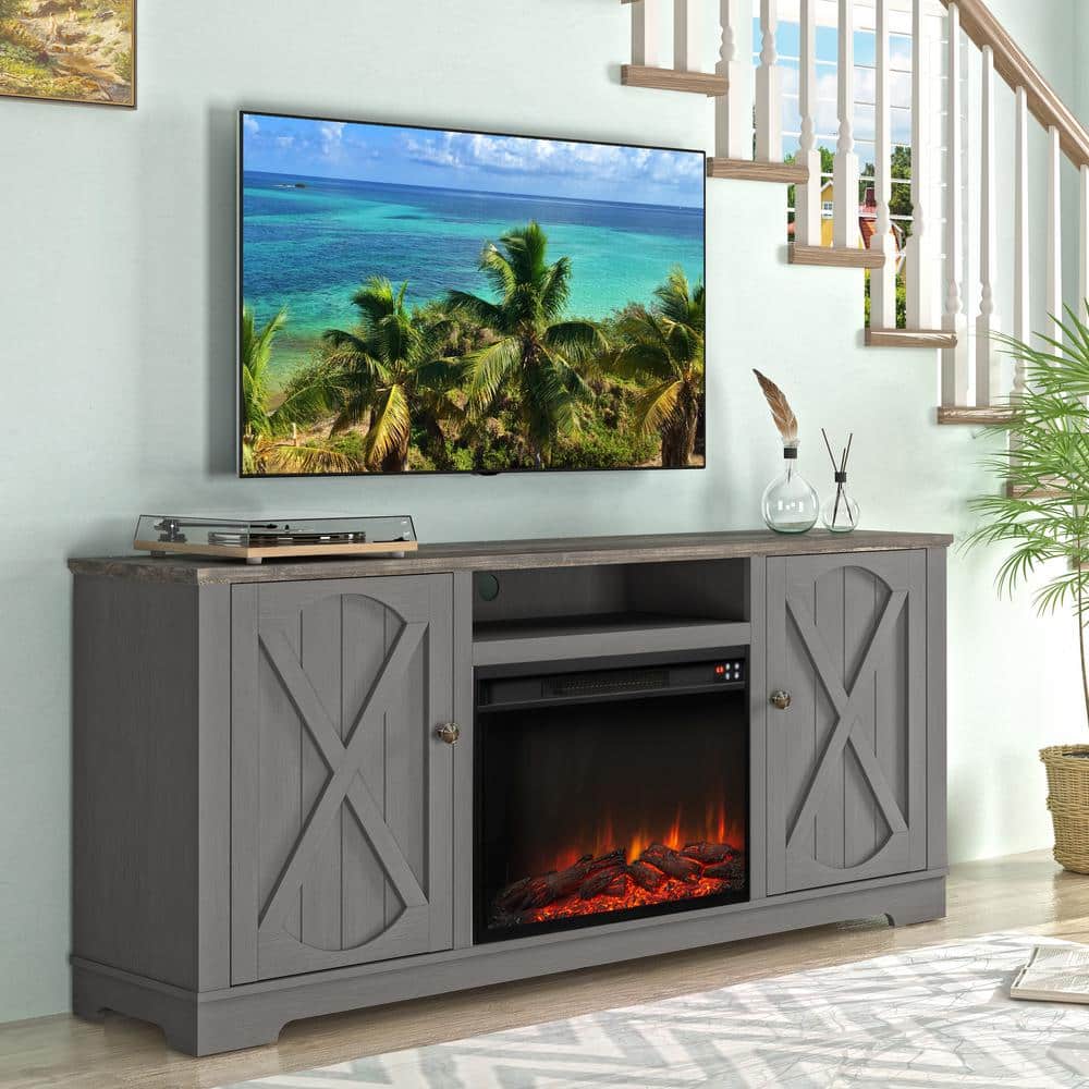 Gray Farmhouse TV Stand with Fireplace and Storage Cabinets