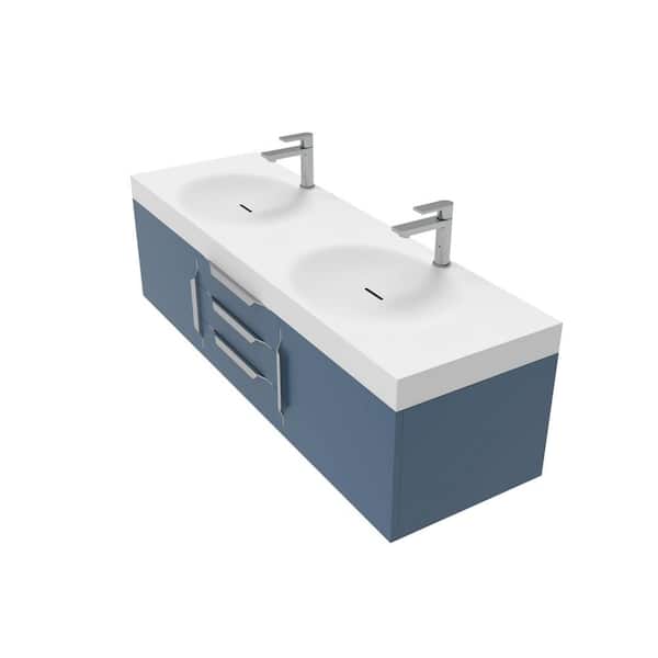 castellousa Thames 60 in. W x 18.9 D x 16.25 H Double Floating Bath Vanity in Matte Blue with Chrome Trim w Solid Surface White Top