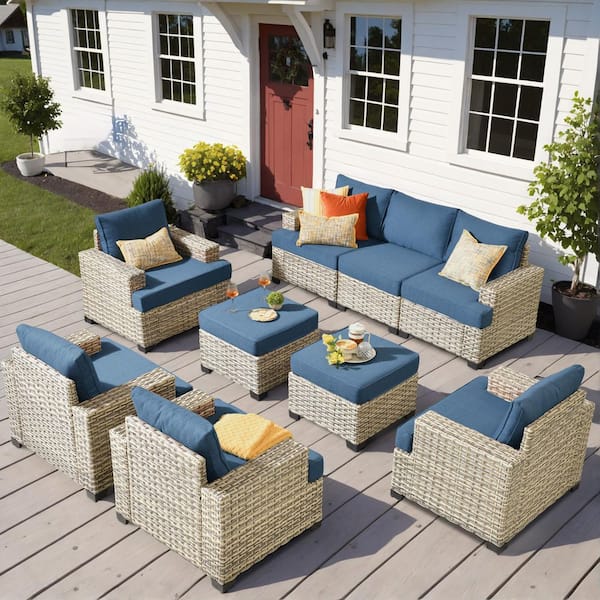 Tiberte Gray 9-Piece Wicker Patio Conversation Seating Set with Denim Blue Cushions
