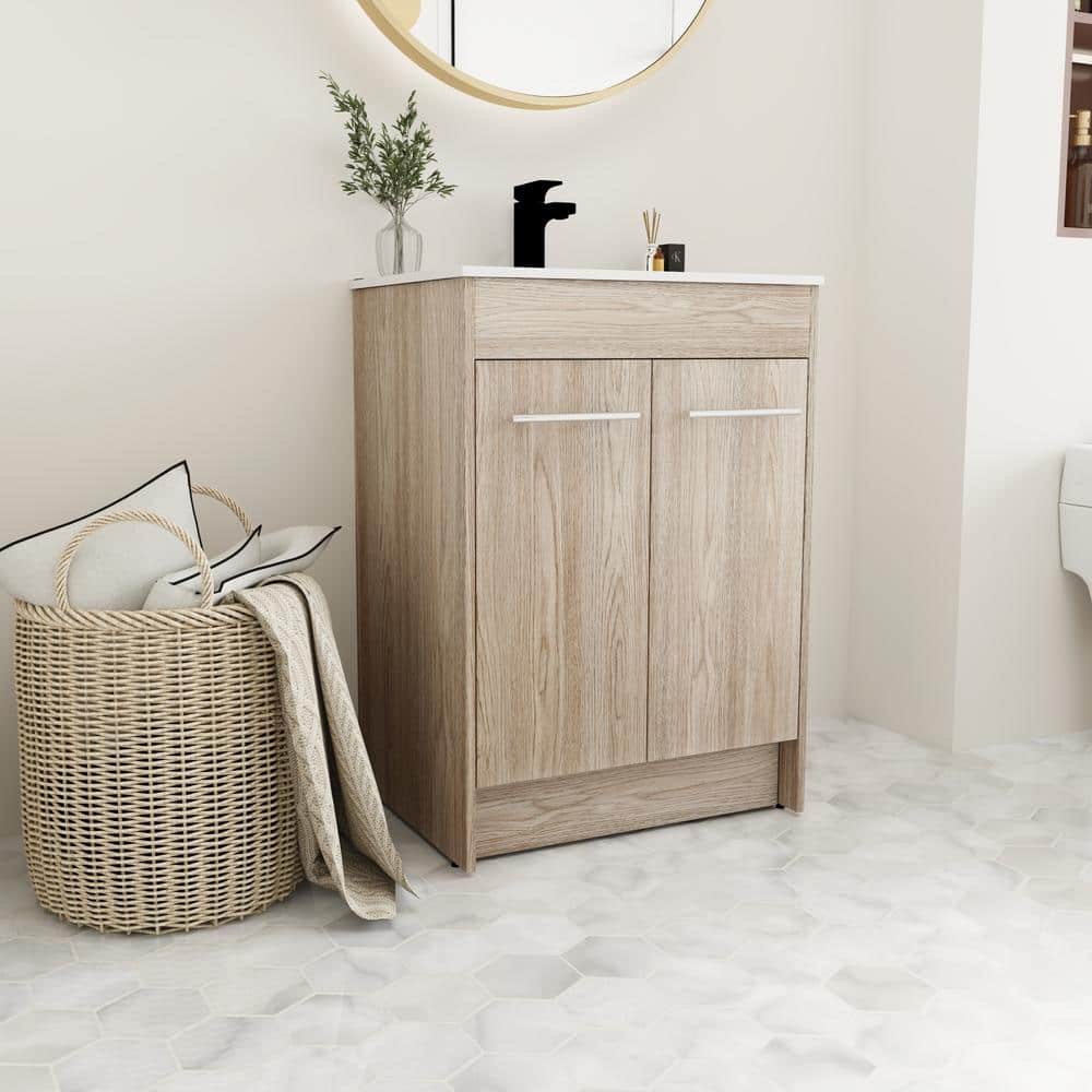 FAMYYT 24 in. W x 18.1 in. D x 33.8 in. H Freestanding Bath Vanity in White Oak with White Ceramic Top and Sink -  XJ-999FV24-L