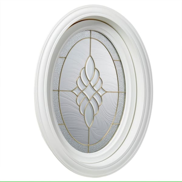 TAFCO WINDOWS 19.5 in. x 28.25 in. White Oval Geometric Vinyl Window in Brass Design