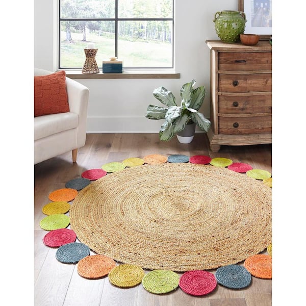 Natural 5 ft. 1 in. x 5 ft. 1 in. Braided Jute Circles Area Rug
