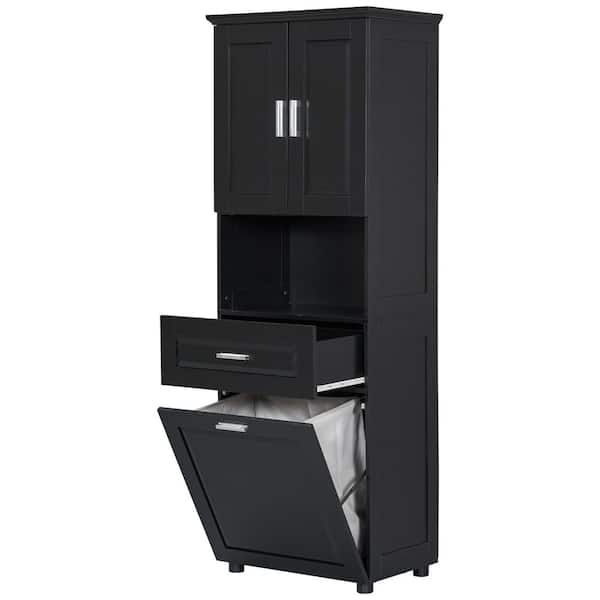 25 in. W x 16 in. D x 70 in. H Black Linen Cabinet, Large Storage Space Tilt-Out Laundry Hamper, Upper Storage Cabinet