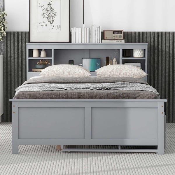Nestfair Gray Wood Frame Full Platform Bed with Storage Headboard