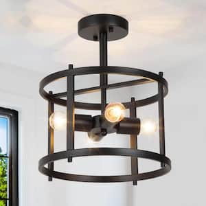 Black Semi Flush Mount Rustic 4-Light Drum Farmhouse Ceiling Lights Bronze Bedroom Ceiling Light Fixtures