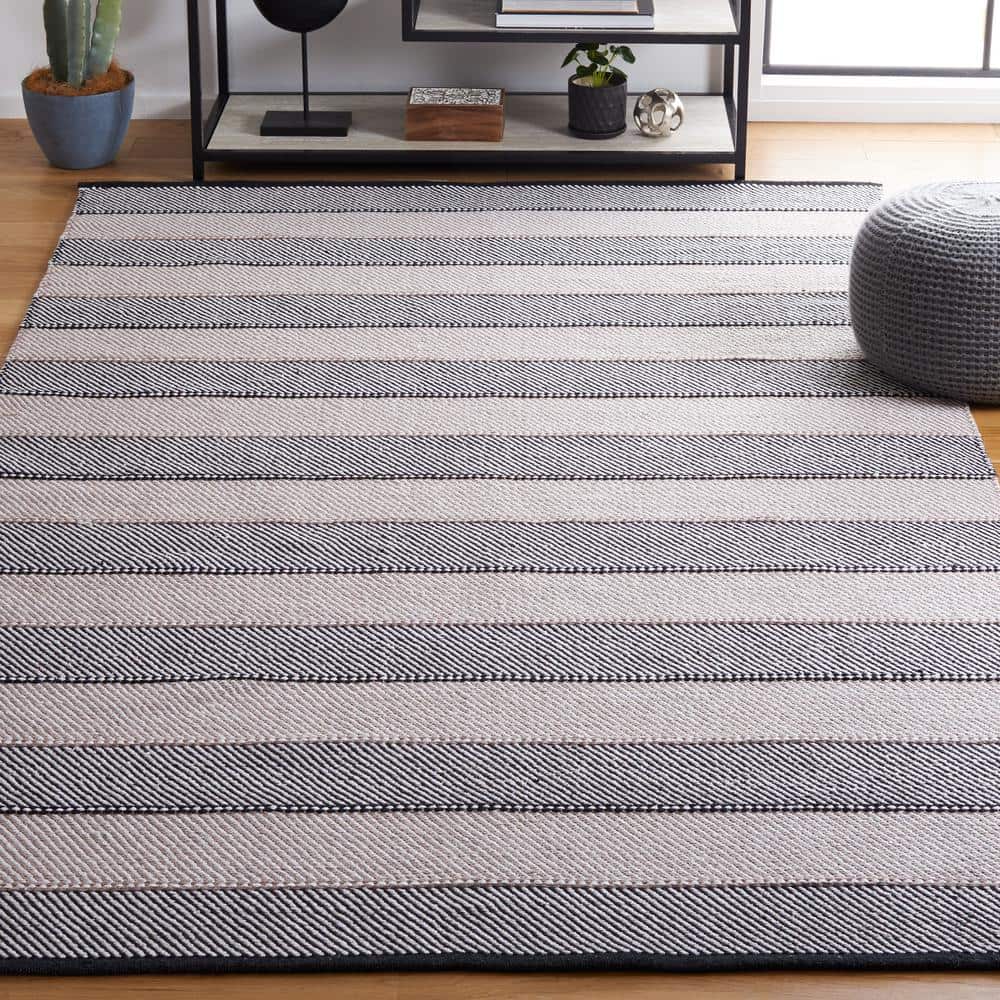 Ivory and Black Wool Cotton Striped 3' x 5' Handmade Rug