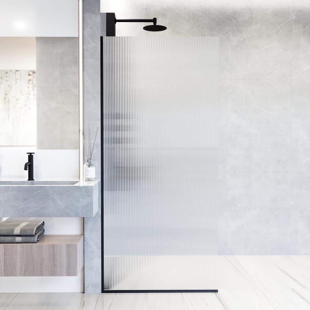Zenith 34" Matte Black Frameless Fluted Glass Shower Screen