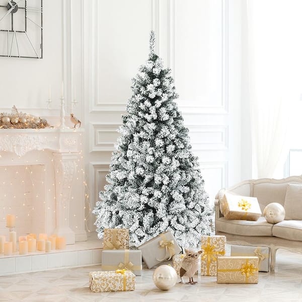 6 ft. Pre-Lit Artificial Christmas Tree Snow Flocked Hinged Pine Tree with Metal Stand