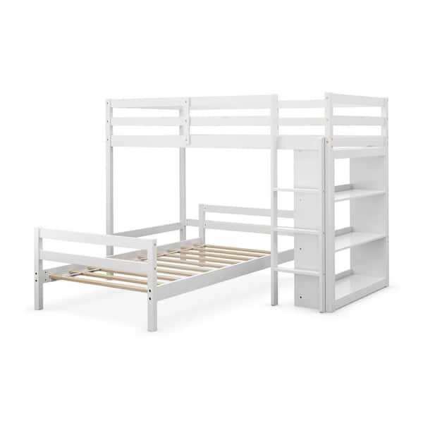 Costway White Twin Over Twin Loft Bunk Bed Wood w/Bookcase Guardrail Ladder Kids Bedroom