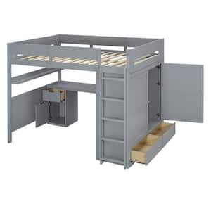 Gray Full Size Loft Bed with Wardrobe, Desk, Drawers and Shelves