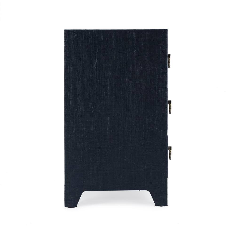 Navy Oak Raffia 3-Drawer Nightstand with Brass Pulls