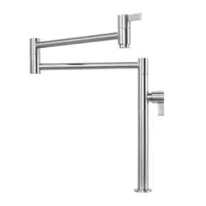 Deck Mounted Pot Filler Kitchen Faucet with Double Joint Swing Arm in Solid Brass in Brushed Nickel