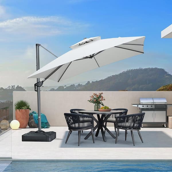 10 ft. Square Sunbrella Double Top Outdoor Aluminum 360° Rotation Cantilever Patio Umbrella in White