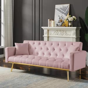 Pink 73.2 in. Upholstered Sleeper Sofa Velvet Futon Sofa Bed, 3-Seater Button Tufted with 2-Pillows Gold Metal Legs