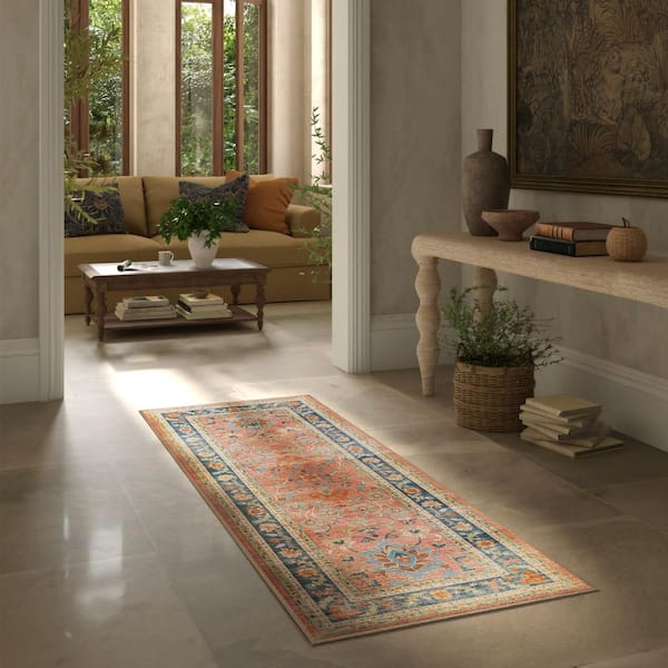 Machine Washable Rug with Standard Pad-Calabria Coral Multicolor 2 ft. x 7 ft. Area Rug