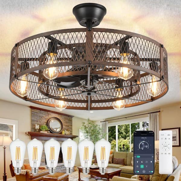 26 in. Brown Downrod Mount Caged Farmhouse Ceiling Fan with Light for Kitchen Bedroom Industrial Included APP Remote