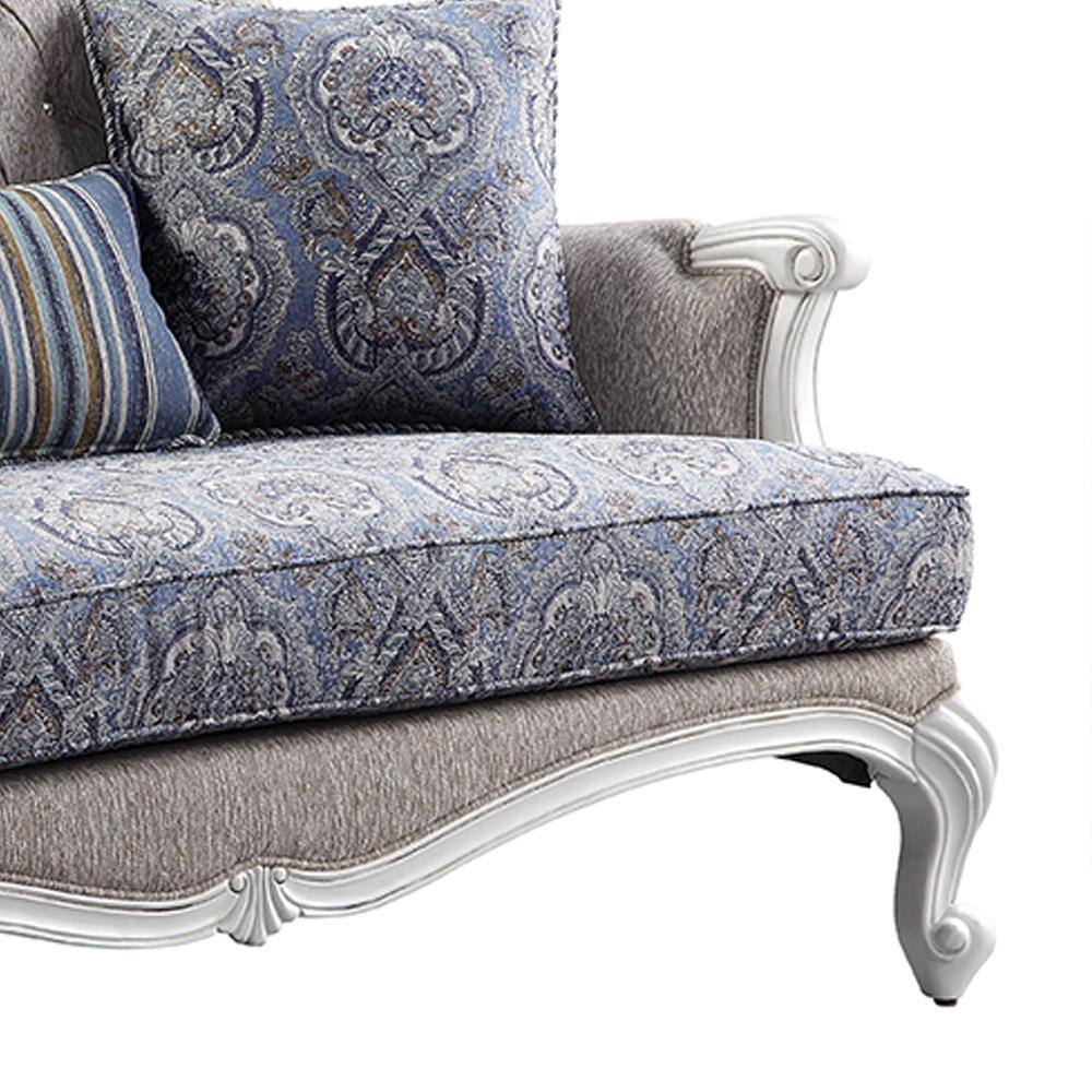 White Floral Tufted Fabric Loveseat with Wood Frame