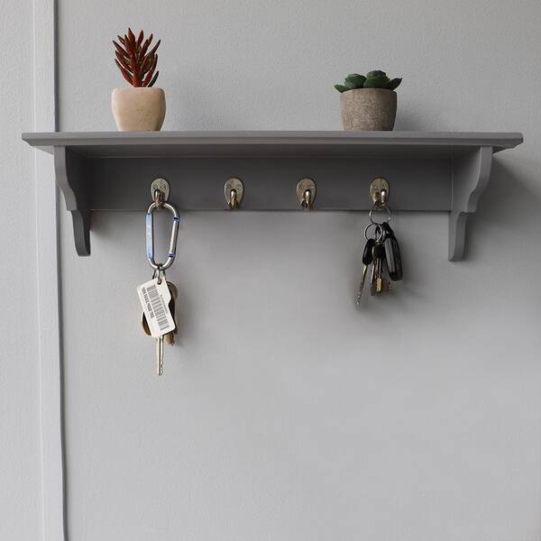 Home Basics Wood Floating Shelf with Key Hooks in Grey HDC94953