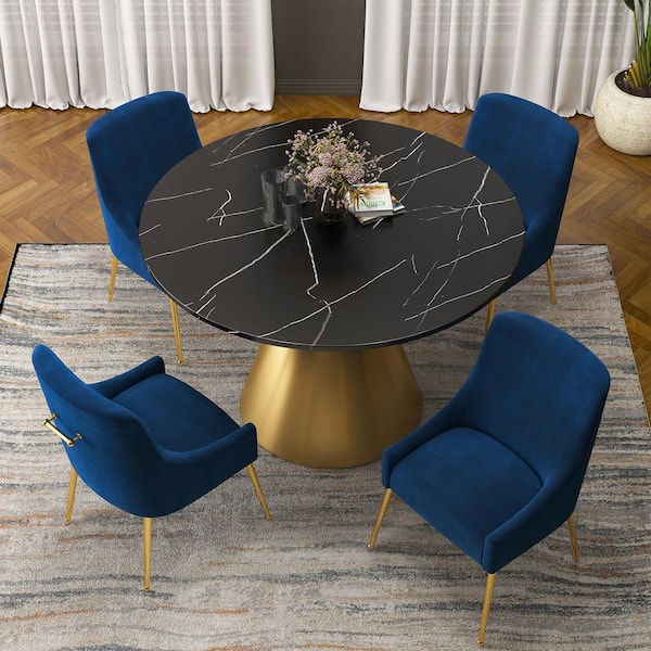 Boyel Living 5-Piece Round Stainless Steel Black and Gold Marble Top Table Set Seats 4 (4 Navy Blue Dining Chairs)
