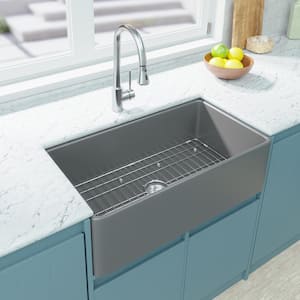 Gray Fireclay 33 in. Single Bowl Farmhouse Apron Kitchen Sink with Bottom Grid and Basket Strainer