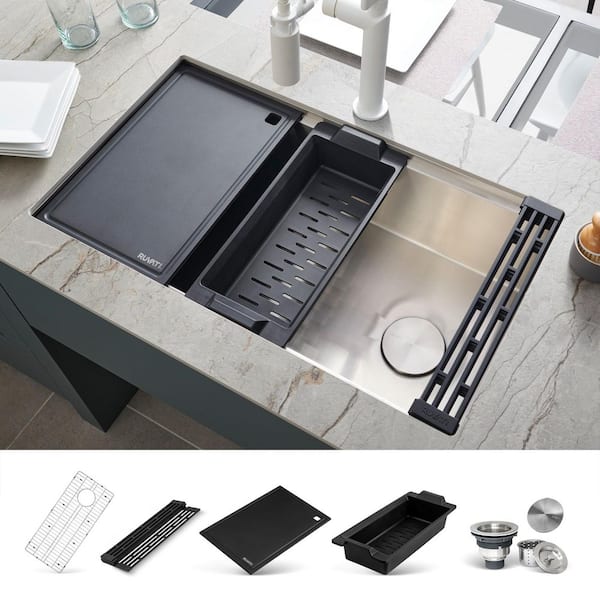 Veniso Nova 33 in. Undermount Single Bowl 16-Gauge Stainless Steel Slope Bottom Offset Drain Workstation Kitchen Sink