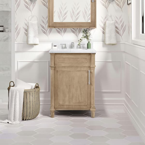 Home Decorators Collection Aberdeen 24 in. Single Sink Freestanding Antique Oak Bath Vanity with Carrara Marble Top (Assembled)