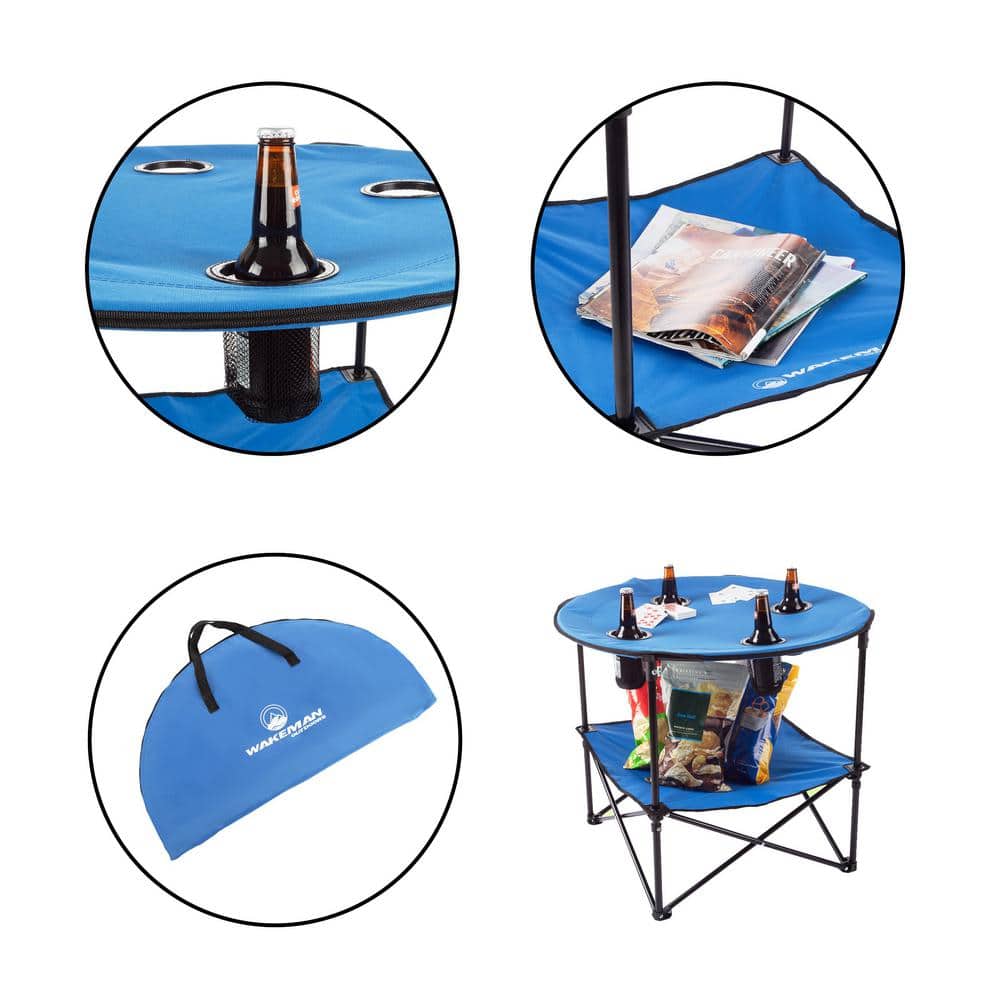 Blue 2-Tier Folding Camp Table with Cupholders and Carrying Bag