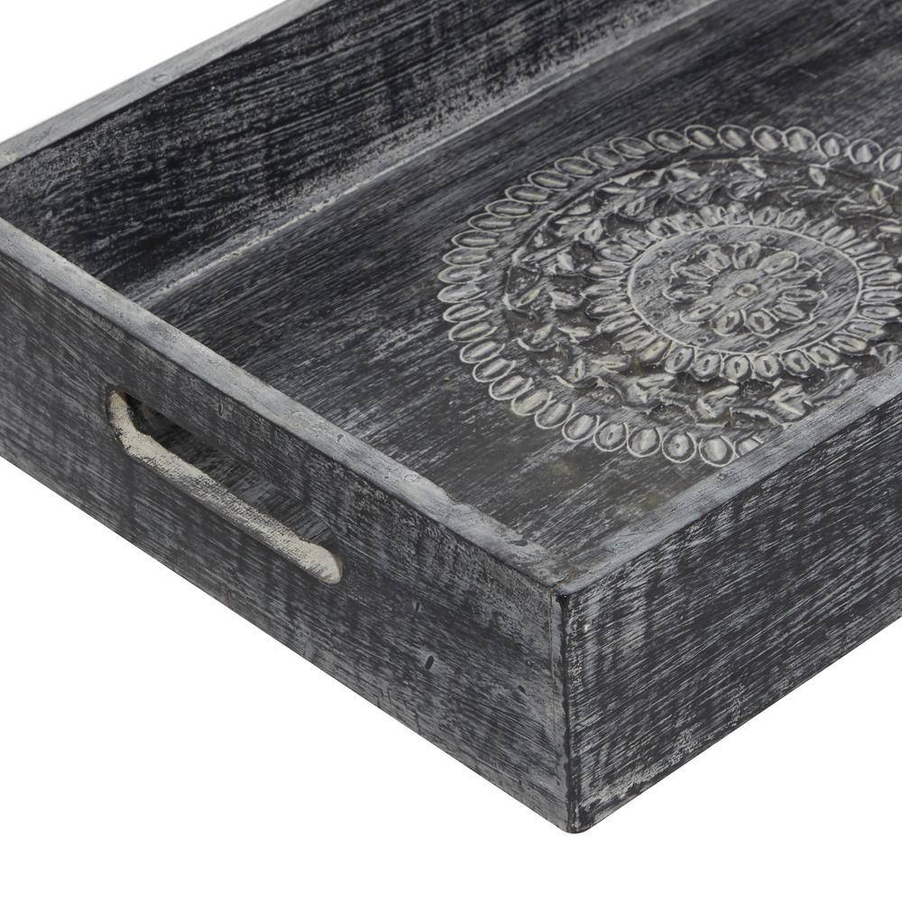 Black Wood Intricate Carved Floral Decorative Tray Set