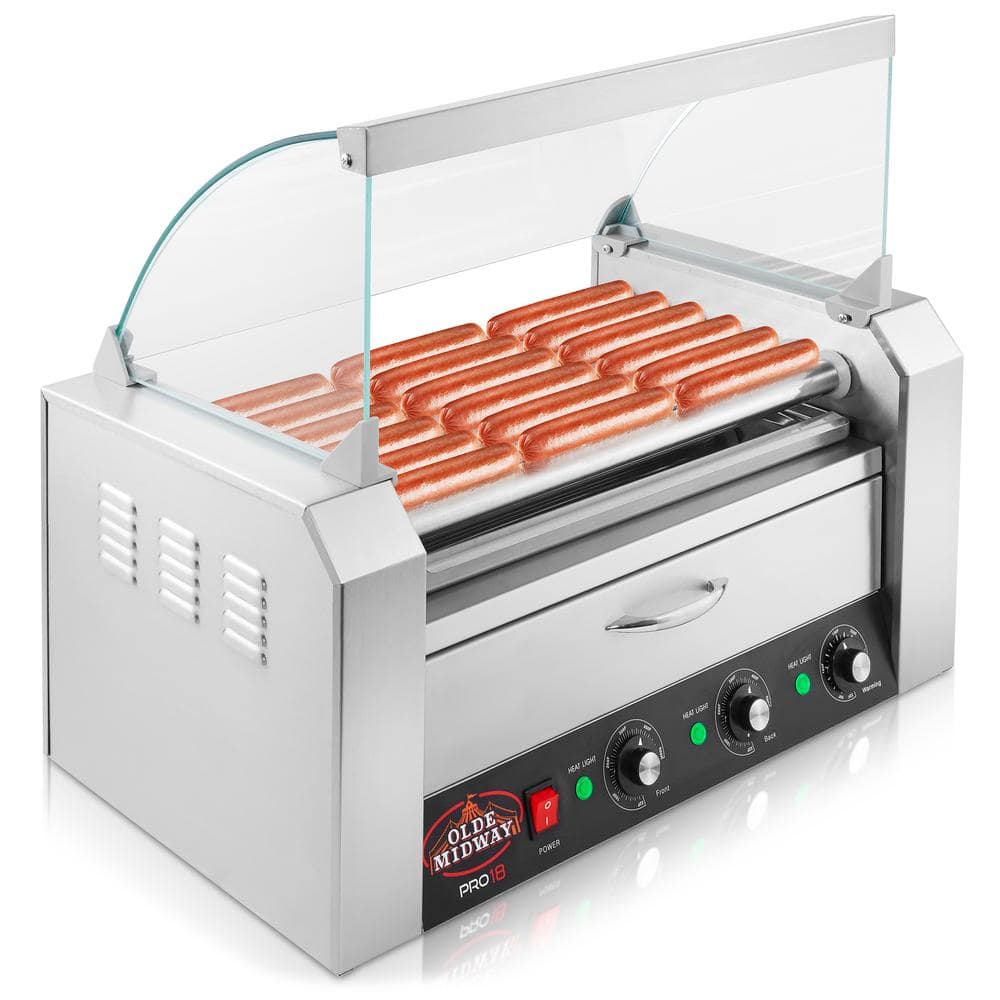 18 Hot Dog Silver Stainless Steel Electric 5 Roller Indoor Grill Cooker Machine with Warming Drawer and Cover 1100-Watt