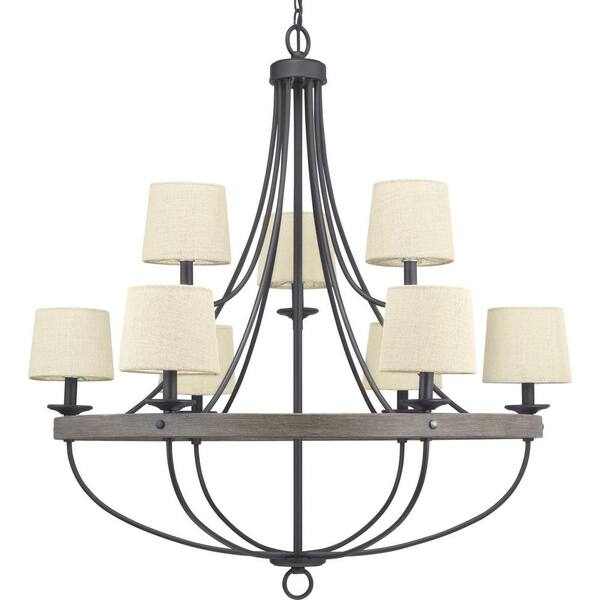 Progress Lighting Gulliver Collection 35-1/4 in. 9-Light Graphite Coastal Chandelier with Weathered Gray Wood Accents for Dining Rooms