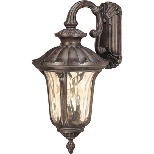 Glomar 3-Light Outdoor Fruitwood Large Wall Lantern with Arm Down and Amber Water Glass