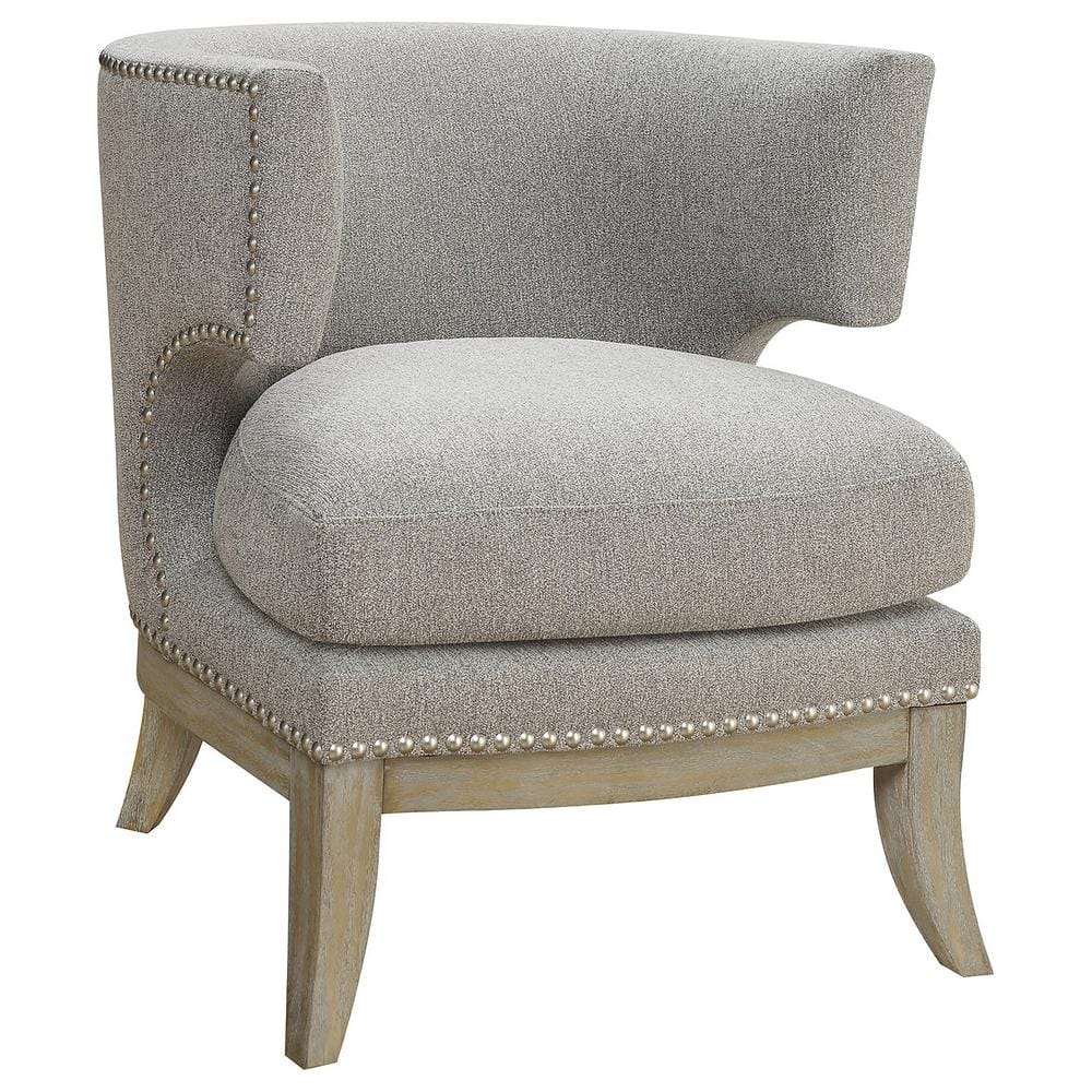 Transitional Grey Barrel Accent Chair with Weathered Wood