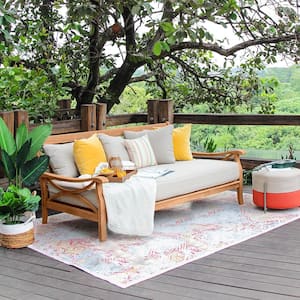 Abbington Teak Wood Outdoor Sofa Day Bed with Beige Cushion