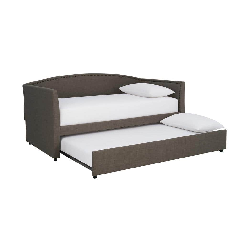 Gray Linen Twin Daybed with Trundle and Nailhead Trim